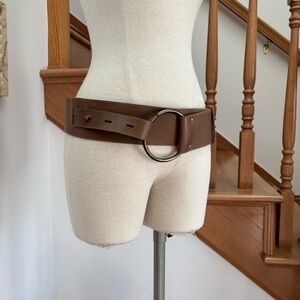 Vintage Brown Leather Corset Belt with Bronze Tone Loop and Stud Closure
